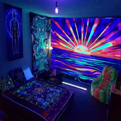 Boho Rainbow Sun Tapestry Wall Hanging - UV Blacklight Reactive for Bedroom Aesthetic and Home Room Decor (Sun Black Light, 50''x60'') in Saudi Arabia
