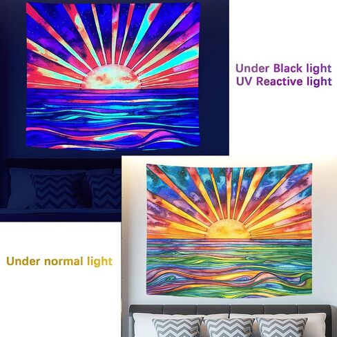 Boho Rainbow Sun Tapestry Wall Hanging - UV Blacklight Reactive for Bedroom Aesthetic and Home Room Decor (Sun Black Light, 50''x60'') in Saudi Arabia