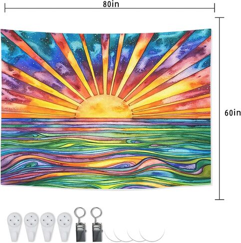 Boho Rainbow Sun Tapestry Wall Hanging - UV Blacklight Reactive for Bedroom Aesthetic and Home Room Decor (Sun Black Light, 50''x60'') in Saudi Arabia