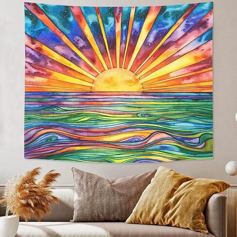 Boho Rainbow Sun Tapestry Wall Hanging - UV Blacklight Reactive for Bedroom Aesthetic and Home Room Decor (Sun Black Light, 50''x60'') in Saudi Arabia