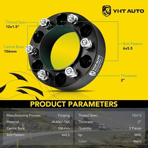 YHTAUTO 4 قطع 6x5.5 فواصل عجلات مركزية مقاس 2 بوصة تناسب 01-20 تاكوما، 96-20 4Runner، Tundra، Sequoia، FJ Cruiser، LX450، GX460، GX470، 6 فواصل إطارات سوداء مع مسامير M12x1.5، تجويف محور 106 مم in Saudi Arabia