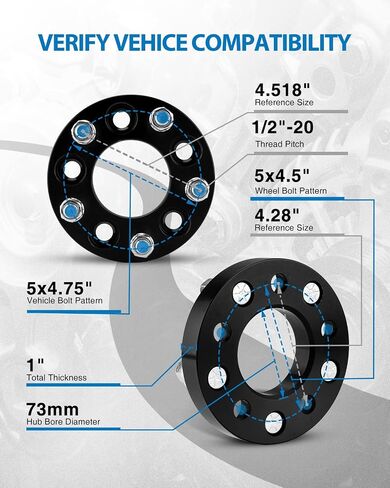PHILTOP 5x4.5 to 5x4.75 Wheel Adapters Fit for Liberty, Wrangler, Ranger, Explorer, Cherokee, 1" Thickness 1/2" x20 Thread Pitch 73mm Lug Centric Bore Wheel Adapters 2 Pcs- Change Bolts Pattern in Saudi Arabia