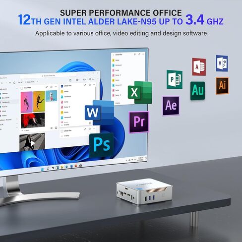 KAMRUI Mini PC، Intel Alder Lake الثاني عشر - N95 حتى 3.4 جيجا هرتز، ذاكرة وصول عشوائي 16 جيجا بايت + 1 تيرابايت M.2 SSD، كمبيوتر صغير يدعم 2.5 بوصة SATA SSD، WiFi 2.4G/5G، Bluetooth4.2، شاشة ثلاثية، كمبيوتر مكتبي صغير موثوق بدقة 4K in Kuwait
