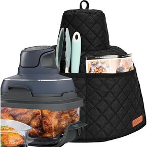 Glass Air Fryer Dust Cover Compatible with Ninja Crispi, Portable Hanging Cover with Pockets for Ninja Crispi Air Fryer, Black