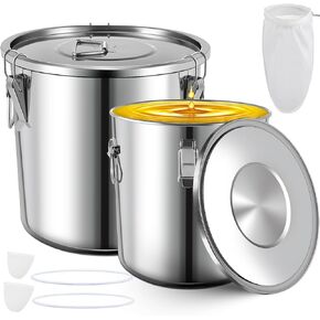 Layhit 2 Pcs Fryer Grease Bucket 6 Gal 8 Gal Oil Disposal Caddy Steel Fryer Oil Bucket Leakproof Lid and Lock Clips Rustproof Coating Grease Transport Container with Strainer Bags for Filtering
