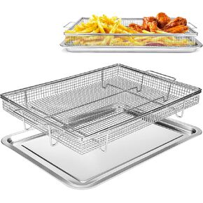 Upgrade Air Fryer Basket for Oven, 2 Pieces 15.6" x 11.6" Large Air Fryer Tray Stainless Steel Air Fryer Pan Rack Air Fryer Basket and Tray for Oven Cooking Baking and Broiling, Dishwasher Safe