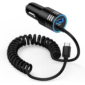 USB C Car Charger,Samsung A56 Car Charger for Samsung A16 A36 A55 A35 A15 A26 A25 S25 Ultra S24 FE S23 S22,USB Charging Adapter Built-in 4FT Coiled Cable for Google Pixel 9a 9 Pro XL Fold 8 Pro 7 6