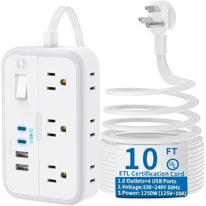NTONPOWER 2 Prong Power Strip, 1875W 2 prong to 3 prong Outlet Adapter, 1080 Joules Surge Protector Power Strip with 4 USB Ports(2 USB C), 5FT Flat Plug Extension Cord for Old House, Wall Mount, White