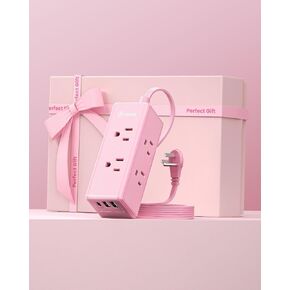 Pink Power Strip,HONIZER Surge Protector Power Strip with 6ft Flat Extension Cord Pink,6 Outlets & 3 USB Ports (1 USB-C), Wall Mount for Home Office Dorm Desk Accessories (1080J), Blush Boost