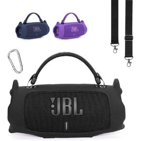 Silicone Cover Case for JBL Charge 6, Protective Cover with Detachable Shoulder Strap & Carabiner Clip, Flexible Soft Case for JBL Charge 6 Portable Bluetooth Speaker Accessories (Black Case Only)
