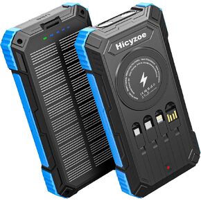 Solar Charger Power Bank, 49800mAh Wireless Portable Phone Charger, 15W QC3.0 Fast Charging External Battery Pack with 4 Built-in Cables, USB-C in/Output, with Dual Flashlights for Outdoor (Blue)