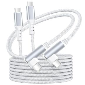 EWUONU「2-Pack」6FT 90°Angled USB C Cable, Tpye C to C Nylon Braided 100W Fast Charging Cord, Reinforced Durability for iPhone 16/15 Series, Samsung Galaxy S24/23/22, iPad Pro, MacBook and More