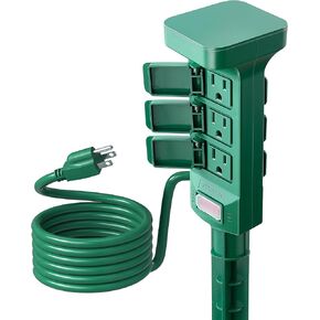 SURAIELEC Outdoor Power Stake Waterproof, 6 Grounded Outlets Power Strip Weatherproof, 6FT Extension Cord Outlet for Yard, Garden, Christmas Light, Patio Lights, 1875W/15A, Green