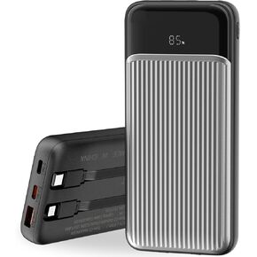 Portable Charger with Built in Cable,10000mAh,LED Display,with 4 Output high Speed External Battery Pack Travel Phone Charger,Compatible for iPhone,Samsung,iPad,Android （Black）
