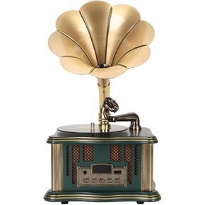 Vintage Phonograph Speaker Gramophone Speaker Dual Speaker Type C Charging HiFi Sound for Mobile Phones (White)