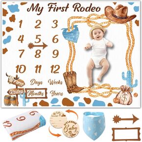 Cowboy Baby Milestone Blanket Western Theme Cow Print Baby Growth Chart Blanket for Boy Newborn My First Rodeo Birthday Party Supplies