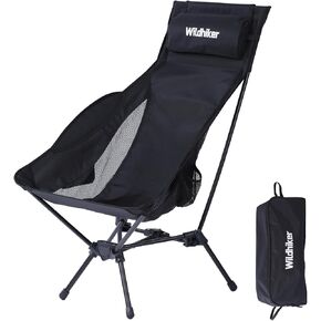 Portable Lightweight Folding Camping Chair – High Back, Pillow, Arm Flaps, Side Pockets – Compact Chair for Motorcycle, RV, Festival, Travel – Black