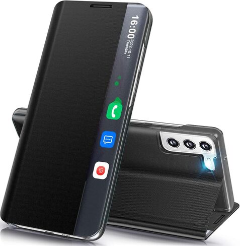 حالة الهاتف لـ Samsung Galaxy S21 5G Case ، Clear View Luxury Slim Mirror لحالة Galaxy S21 مع Kickstand ، وغطاء وقائي من الجلد الصلب من Samsung S21 ، الأسود in Saudi Arabia