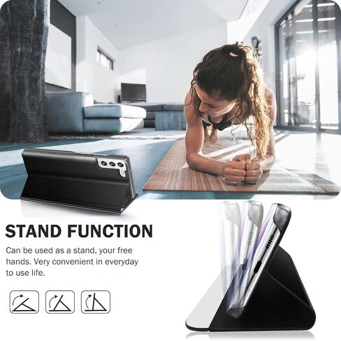 حالة الهاتف لـ Samsung Galaxy S21 5G Case ، Clear View Luxury Slim Mirror لحالة Galaxy S21 مع Kickstand ، وغطاء وقائي من الجلد الصلب من Samsung S21 ، الأسود in Saudi Arabia