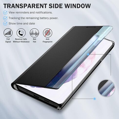 حالة الهاتف لـ Samsung Galaxy S21 5G Case ، Clear View Luxury Slim Mirror لحالة Galaxy S21 مع Kickstand ، وغطاء وقائي من الجلد الصلب من Samsung S21 ، الأسود in Saudi Arabia