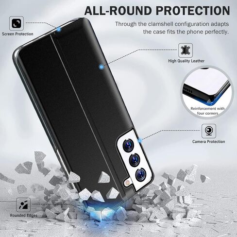 حالة الهاتف لـ Samsung Galaxy S21 5G Case ، Clear View Luxury Slim Mirror لحالة Galaxy S21 مع Kickstand ، وغطاء وقائي من الجلد الصلب من Samsung S21 ، الأسود in Saudi Arabia