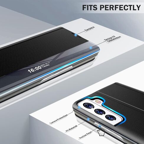 حالة الهاتف لـ Samsung Galaxy S21 5G Case ، Clear View Luxury Slim Mirror لحالة Galaxy S21 مع Kickstand ، وغطاء وقائي من الجلد الصلب من Samsung S21 ، الأسود in Saudi Arabia