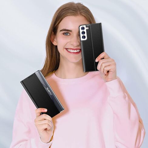 حالة الهاتف لـ Samsung Galaxy S21 5G Case ، Clear View Luxury Slim Mirror لحالة Galaxy S21 مع Kickstand ، وغطاء وقائي من الجلد الصلب من Samsung S21 ، الأسود in Saudi Arabia