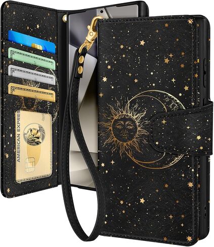 Toycamp for Samsung Galaxy S24 Ultra Wallet Case with Wrist Strap - Leather Flip Folio Phone Case with RFID Blocking 4 Card Slots Galaxy S24 Ultra Funda Cute Aesthetic for Women Lady, Black Sun Moon in Saudi Arabia
