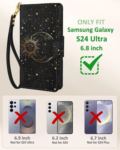Toycamp for Samsung Galaxy S24 Ultra Wallet Case with Wrist Strap - Leather Flip Folio Phone Case with RFID Blocking 4 Card Slots Galaxy S24 Ultra Funda Cute Aesthetic for Women Lady, Black Sun Moon in Saudi Arabia