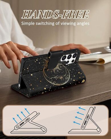 Toycamp for Samsung Galaxy S24 Ultra Wallet Case with Wrist Strap - Leather Flip Folio Phone Case with RFID Blocking 4 Card Slots Galaxy S24 Ultra Funda Cute Aesthetic for Women Lady, Black Sun Moon in Saudi Arabia