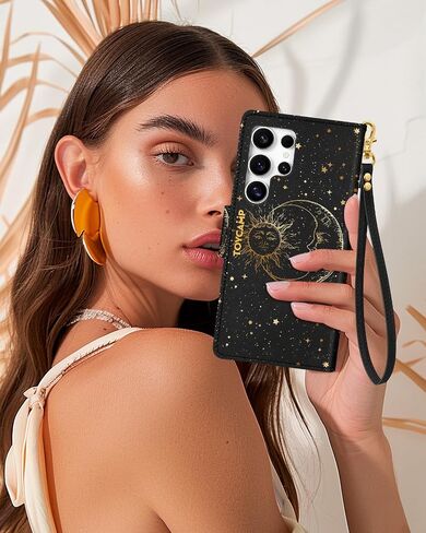 Toycamp for Samsung Galaxy S24 Ultra Wallet Case with Wrist Strap - Leather Flip Folio Phone Case with RFID Blocking 4 Card Slots Galaxy S24 Ultra Funda Cute Aesthetic for Women Lady, Black Sun Moon in Saudi Arabia
