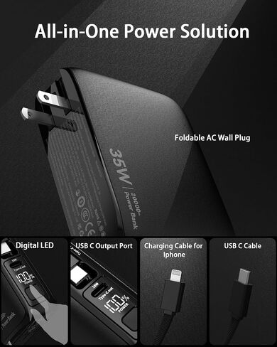 Portable Charger Power Bank with Built in Cable & Wall Plug-35W PD Fast Charging External Phone Charger,20000mAh Battery Pack for iPhone 16/15/14/13, Android Samsung, iPad, AirPods, Idea for Travel in Saudi Arabia