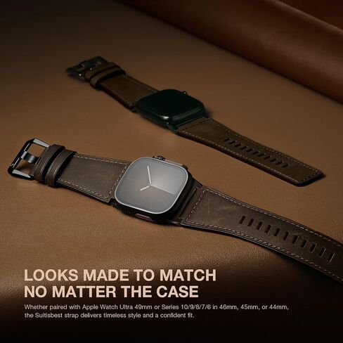 Suitisbest Leather Bands Compatible for Apple Watch Ultra Band 49mm 46mm 45mm 44mm 42mm, Genuine Calfskin Leather Durable Matel Connector Replacement Strap Fits Men iWatch Ultra 10 9 8 7 6 5 4 3 SE in Kuwait