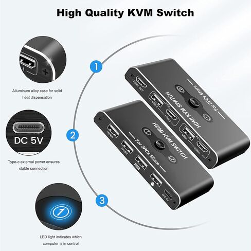 KVM Switch HDMI 1 Monitors 2 Computers, USB KVM Switches for 2 Computers Share 1 Keyboard Mouse and 1 Monitor, USB Switch 2 Computers Support 4K@60Hz, HDMI Switch Keyboard Mouse Switch in Saudi Arabia