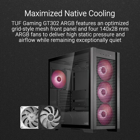 ASUS TUF Gaming GT302 ARGB ATX Mid-Tower PC Case – Four 140 x 28 mm ARGB Fans for High Airflow, Interchangeable Tempered Glass or Mesh Side Panels, Supports BTF Hidden-Connector Motherboards | Black in Kuwait