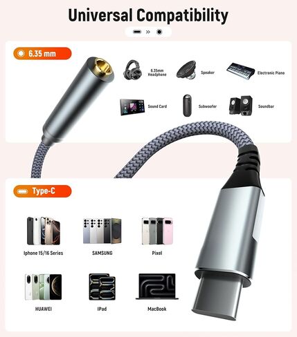 USB-C to 1/4 Inch TRS Audio Adapter 3.3ft/1M, 1/4 Inch 6.35mm Female to USB Type-C Stereo Jack Headphone Adapter Cable for Amplifiers, Mixers, Home Theater, Smartphones, Laptops in Kuwait