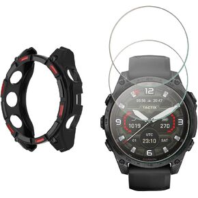 حامي شاشة الساعات متوافق مع Garmin Tactix 8 AMOLED 47MM Smartwatch ، 9H MOSTER PRESTECT FIME COMPLEAGE COMPLEAGE وحالة حماية TPU الناعمة (Tactix 8 AMOLED 47MM Black Red)