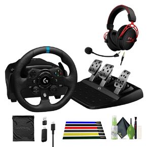 Logitech G G923 TRUEFORCE Sim Racing Wheel and Pedals for PC, Xbox X|S & Xbox One + HyperX Cloud Alpha Wireless - Gaming Headset Red + Diginerds Cleaning Kit-7 in 1 + Cable Wraps