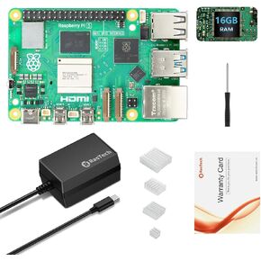 RasTech Raspberry Pi 5 Kit 16GB RAM with 27W PD Power Supply 5.1V5A,Heat Sinks and Raspberry Pi 5 16GB Board Included