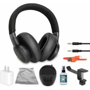JBL Live 770 NC Wireless 65 Hour Over-Ear Noise-Cancelling Headphones (Black) (JBLLIVE770NCBLKAM) + Headphone Cleaner + USB Adapter + Auxiliary Cable + Headphone Holder + Case