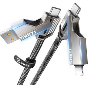 كابل USB C 4 في 1 بقدرة 60 وات [سلسلة SHEZI] لكابل Lightning شحن سريع سلك شاحن iPhone iPad مضفر من النايلون المسطح [مزامنة بيانات 480 ميجابت في الثانية] كابل شحن متعدد مع منفذ Lightning/Type C/USB A، بطول 5 أقدام in Kuwait