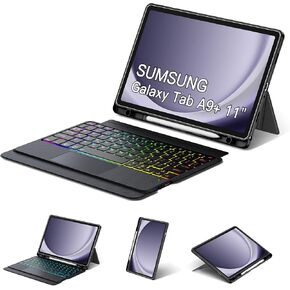 Trackpad Keyboard Case for Samsung Galaxy Tab A9 Plus/A9+ 11 Inch 5G 2023 SM-X210/X216/X218, Slim and Portable Stand Cover Detachable 7-Color Backlit Keyboard for A9+ Tablet with S Pen Holder Black