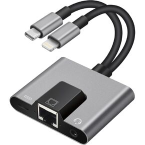 2 in 1 Lightning and Type C to RJ45 Ethernet Adapter Network Adapter,with Charge Port and 3.5mm Audio Jack Support, Plug and Play, Supports 100Mbps Ethernet Network, Compatible with iPhone 15