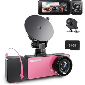3 Channel 2.5K Dash Cam Front and Rear Inside, 360 Camera for Car, 3.18" IPS Screen, Night Vision, G-Sensor, Parking Mode, 64G Micro SD Card (Pink)