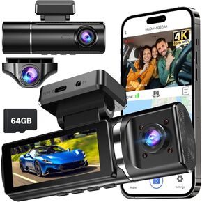4K Dash Cam Front and Rear Inside with 64GB Card, 3 Channel Dash Camera for Cars, 1080P Triple Dash Cam Built-in GPS, 5GHz WiFi, Night Vision, Parking Mode