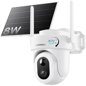 ZUMIMALL 8W Solar Security Cameras Wireless Outdoor, AOV 24/7 Recording Cameras for Home Security, 360° View, 2K Color Night Vision, 2-Way Talk, 2.4GHz WiFi, Auto Tracking, SD/Cloud/Alexa/AI