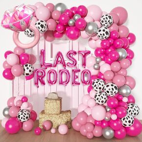 Cowgirl Pink Balloons Arch Garland Kit, 131Pcs Hot Pink Silver Cow Print Last Rodeo Diamond Foil Balloon for Western Disco Cowgirl Birthday Party Bachelorette Baby Bridal Shower Wedding Decorations