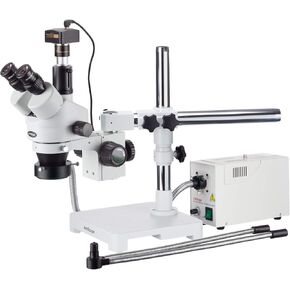 AmScope SM-3TZ-FODR-M Digital Professional Trinocular Stereo Zoom Microscope, WH10x Eyepieces, 3.5X-90X Magnification, 0.7X-4.5X Zoom Objective, Fiber Optic Dual-Gooseneck and Ring Light, Single-Arm Boom Stand, 110V-120V, Includes 0.5X and 2.0X Barlow Len