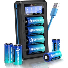 Artman CR123A Rechargeable Batteries 800mAh, 8 Pack 3.7V CR123A Lithium Batteries with Charger, CR17345 Battery Compatible with Arlo Cameras VMC3030 VMK3200 VMS3330 3430 3530, Flashlight Microphone