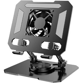Tablet Stand Holder for Desk with USB Cooler with 360° Rotating Base Aluminum Dual Rod Support Adjustable Compatible for iPad Pro 13 12 11 Air Mini 5 4 3 Phone E-Reader (Black with Built-in Cooler)